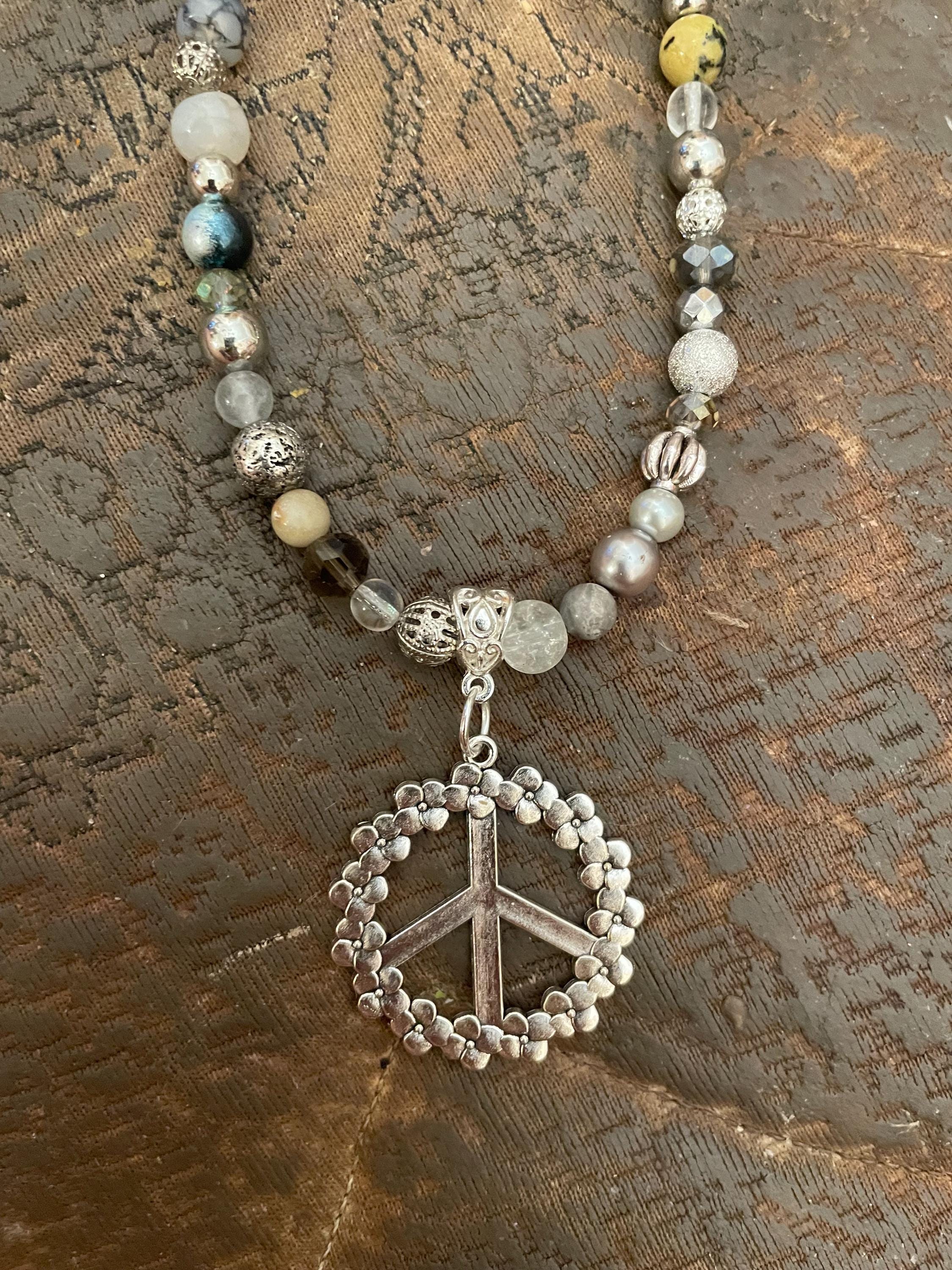 Mod Silver Fiore Peace Sign Pendant Jasper Crystal Obsidian Bead