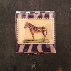 Retro ZEBRA Square Silver Mirror Compact or Pill box Mint box