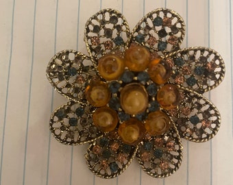 Vintage 1950s Brass w/ topaz crystal tourmaline bead Flower Brooch Pin