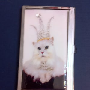 White Persian Cat with Harlequin Crown Business Card Holder Credit Card Case