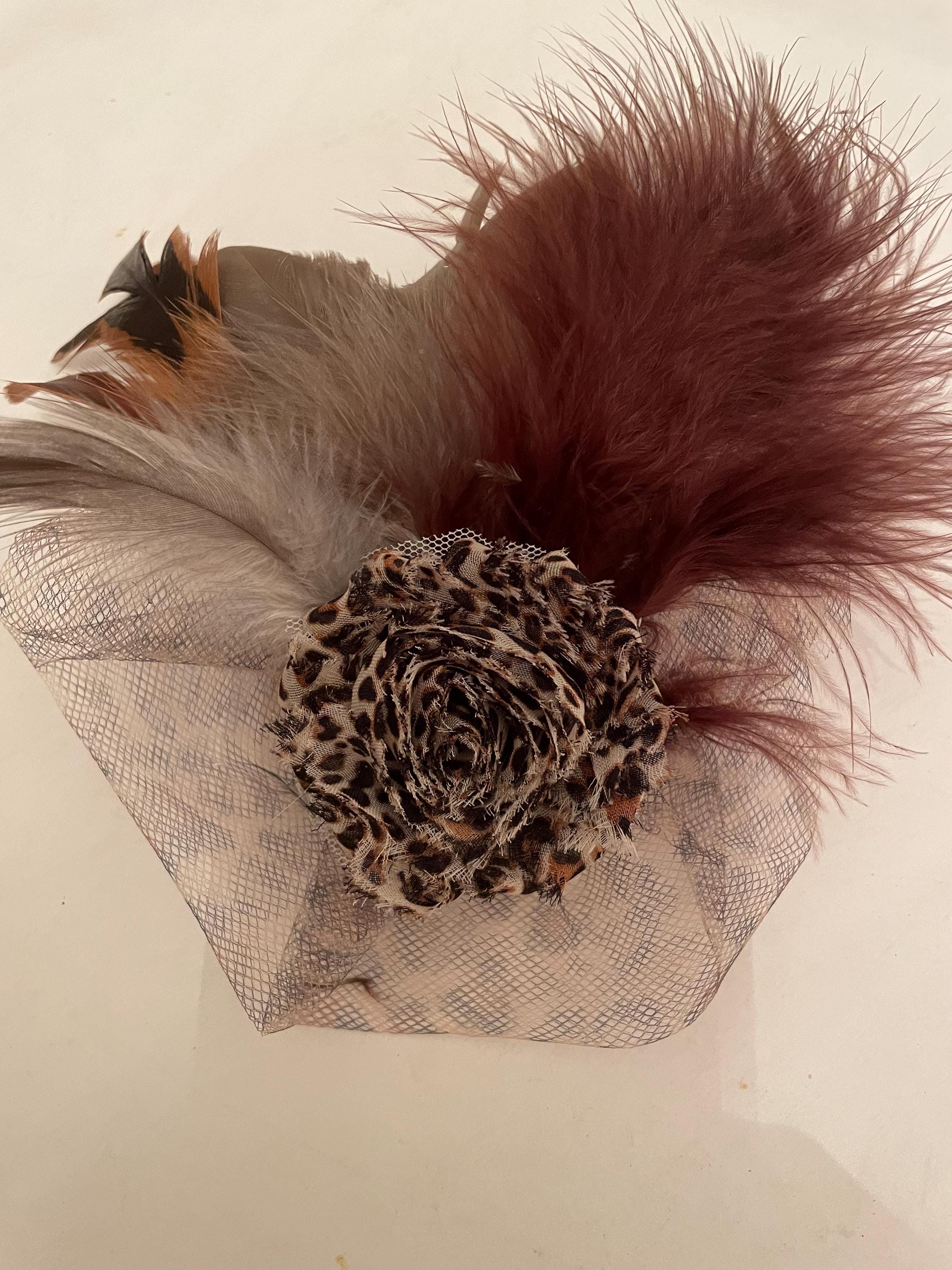 Retro brown Leopard Mesh Flower Tulle Fancy Feathers Hair clip Brooch Pin Fascinator