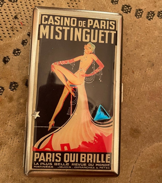 Retro 1920s Mistinguett Paris Qui Brille Mirror Compact Tissue or 120s Cigarette Wallet card Case