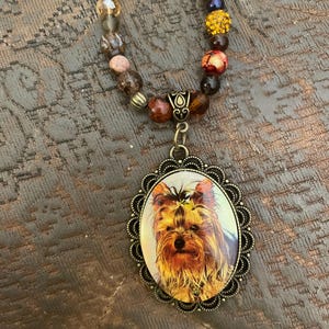 Vintage Yorkshire Terrier Bronze filigree Pendant Jasper Tiger’s Eye Topaz crystal Bead Necklace