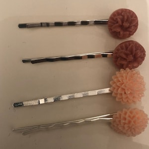 Four (4) vintage Pink & Rose Victorian Flower Cabochon Silver Bobby Pins