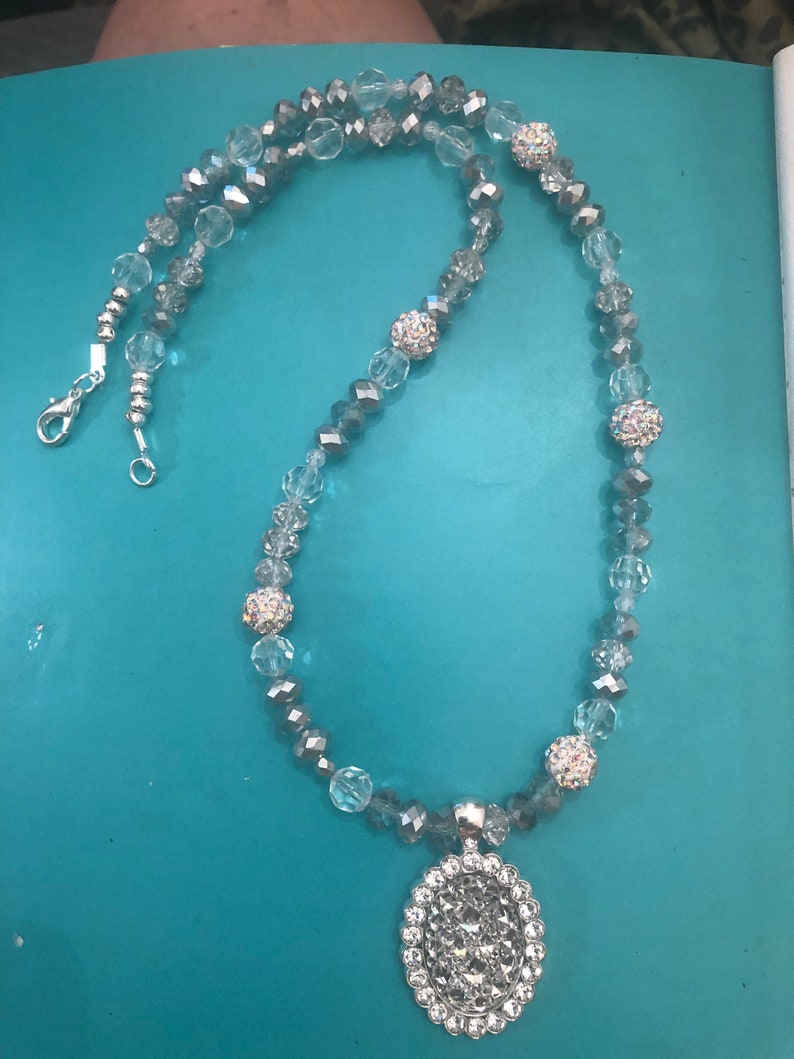Deco Oval Crystal Pendant Gray Crystal Pave Disco Ball Bead Necklace