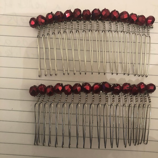 Two (2) Vintage Garnet Crimson Hematite or Fuchsia Crystal Bead Metal Hair Combs