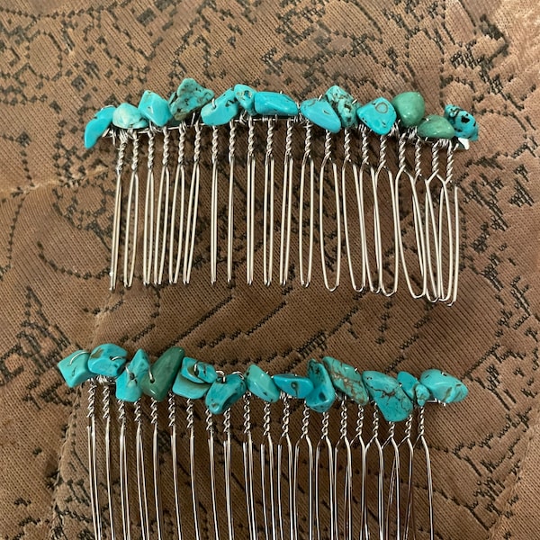 Two (2) Vintage Turquoise Blue, Green Jade, Amethyst Jasper or Tiger's Eye Chip Bead Hair Combs