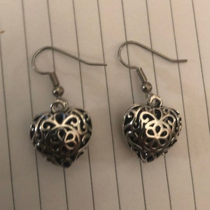 Retro Antique Silver or Bronze Filigree Puffy Heart Dangling Earrings