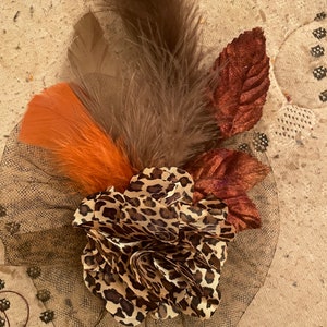 Retro Leopard Satin Flower Ruffled Tulle w/ Rust Gray Brown Feathers & Velvet Leaves Fascinator Brooch Pin