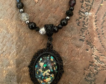 Retro Black Victorian filigree w/ Stardust Fleck Cabochon Oval Pendant Crystal Jet Bead Necklace