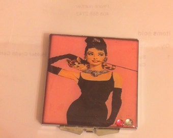 Audrey Hepburn Breakfast at Tiffany's Pink Square Compact Mirror