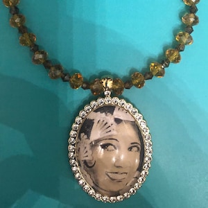 Tres 1920s Paris Josephine Baker Oval Crystal Gold Pendant Topaz Czech Crystals Necklace