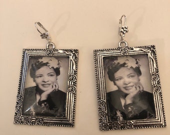 Retro Billie Holiday Victorian Floral Filigree Antique Silver Rectangle Statement Earrings
