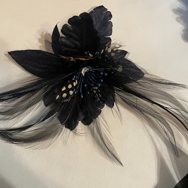 Retro Silk Flower Sprout w/ crystals & Feathers fascinator  brooch pin Hair Clip- Black, Navy Blue, Gray/Blk or Cerise Rose/Bordeaux