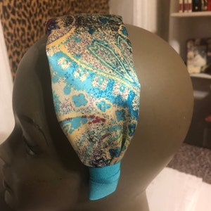 Vintage Turquoise Royal Blue Beige Italian Silk Charmeuse print WIDE Headband