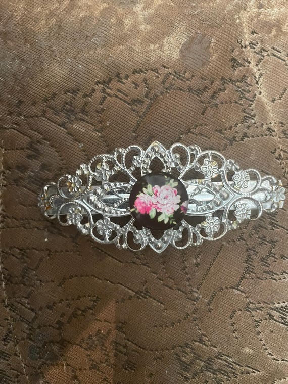 1928 Hair Jewelry Barrette Filigree Floral Silver Pink Rhinestone Cabochon NEW Vintage 1928 Floral Hair Barrette or Brooch (broken - See  main image 3