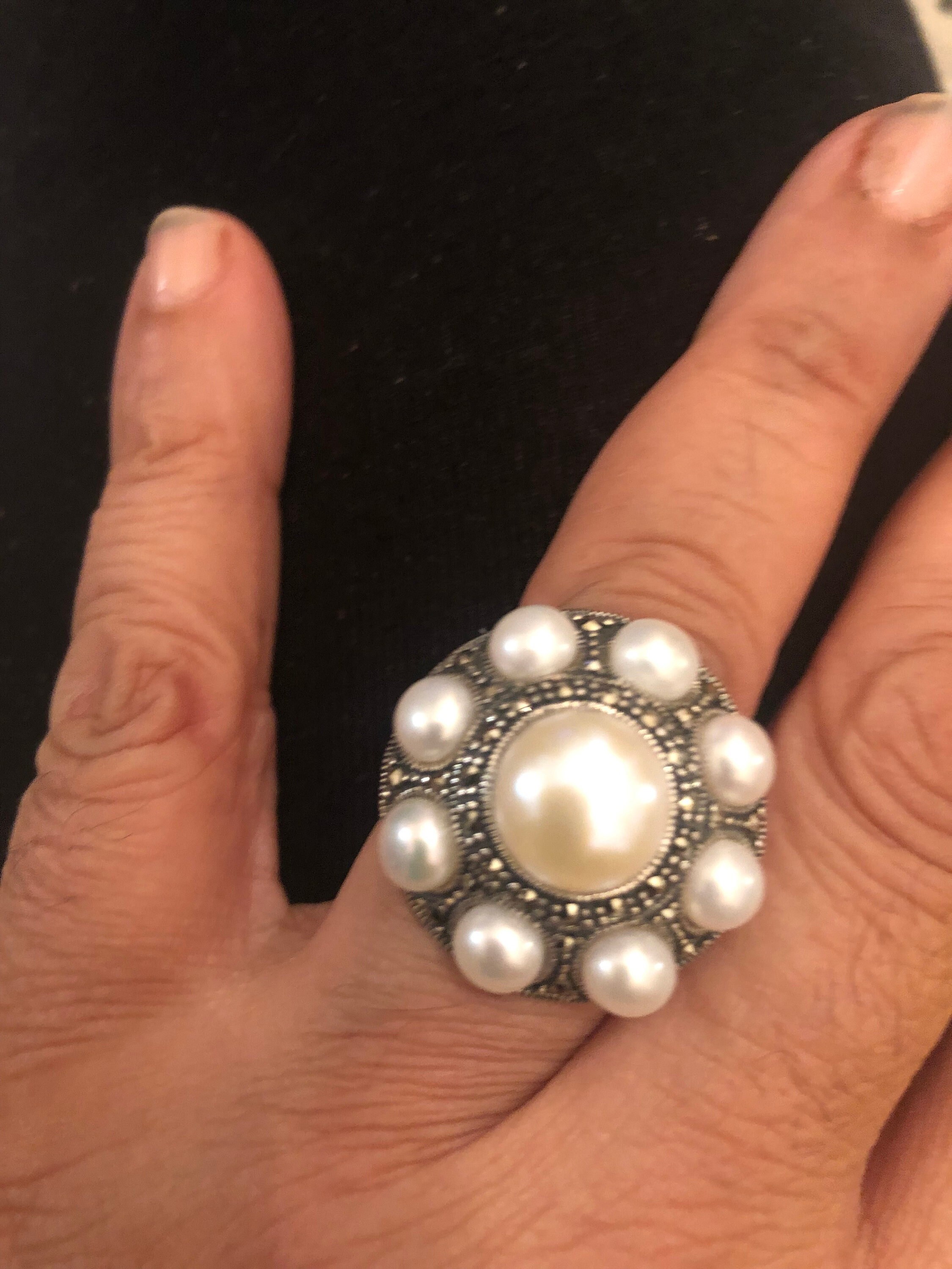 Size L Esse Marcasite Sterling Silver White Pearl Floral Vintage Ring