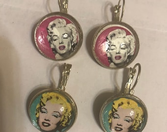 Marilyn Monroe Blonde Ambition Green or Hot Pink Small Round Silver Earrings w/ lever backs
