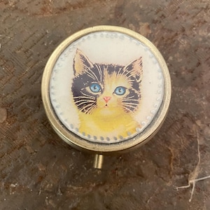 Retro Tabby Kitty vintage bronze 3-compartment small round Pill box