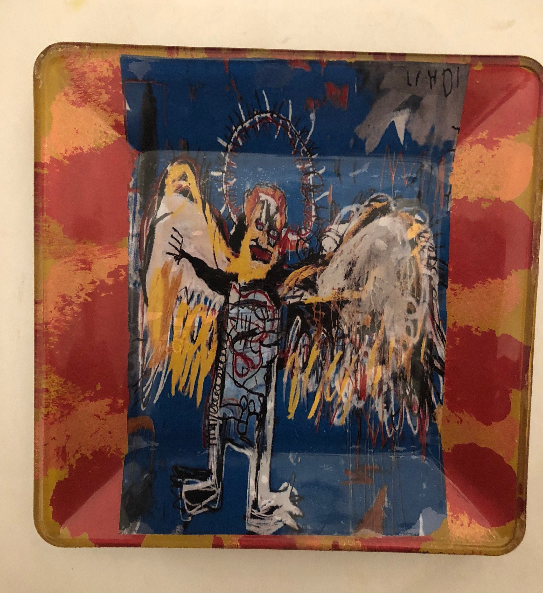 Retro Golden Winged Graffitti Angel Small Glass Collector Plate - Signed, Numbered