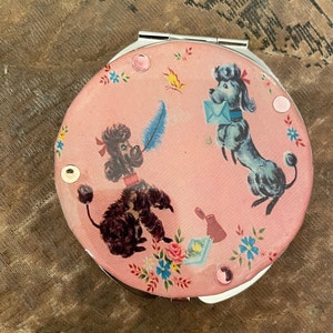 Retro 1950s Pink Poodle round Silver Mirror Compact