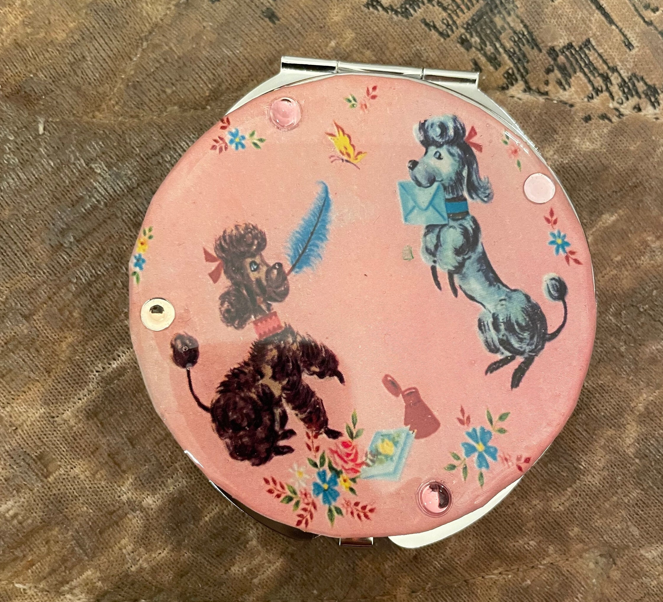 Retro 1950s Poodle round Silver Mirror Compact
