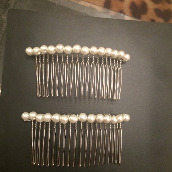 Two (2) Vintage Classic White or Blush Pink Faux Glass Pearl Silver Metal Hair Combs