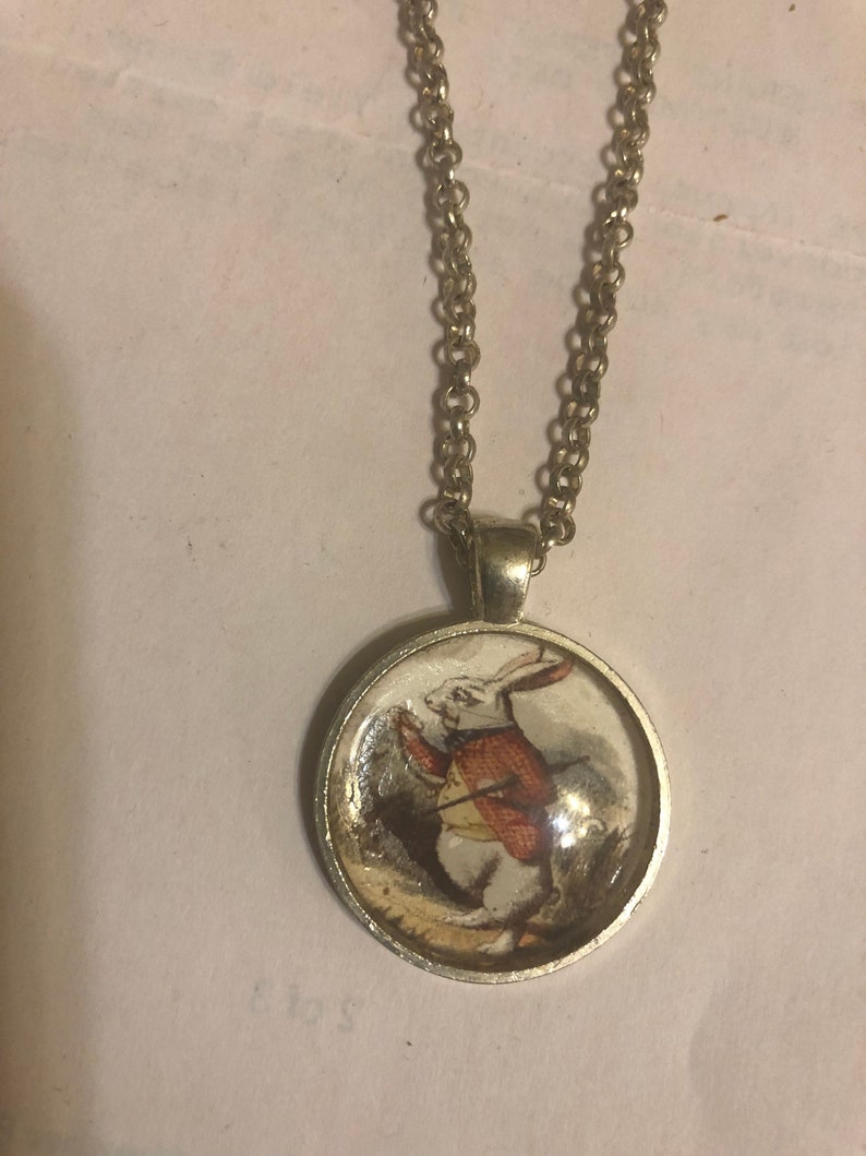 Retro White Rabbit Alice in Wonderland Small Round SilverPendant Necklace w lobster closure