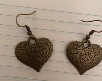 Retro gypsy filigree brass heart charm French wire Dangling Earrings