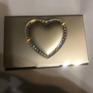 Silver Crystal Heart Business Credit Card Holder  I.D. Case