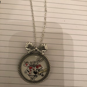 Retro White Rabbit Alice in Wonderland Bow Silver Brooch Pin Pendant Necklace