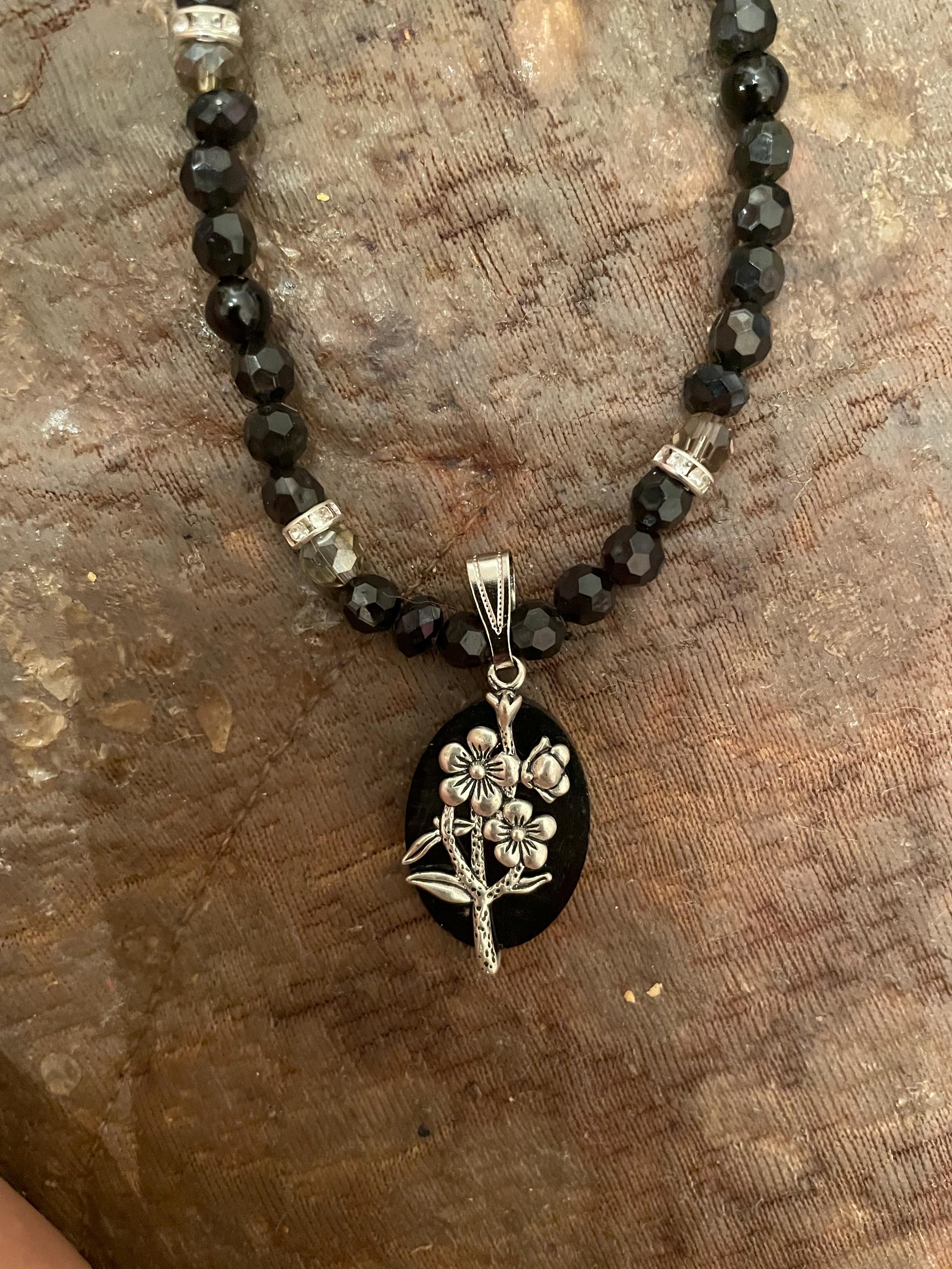 Retro Victorian Flora Black Oval Pendant Jet Bead W/ Crystal