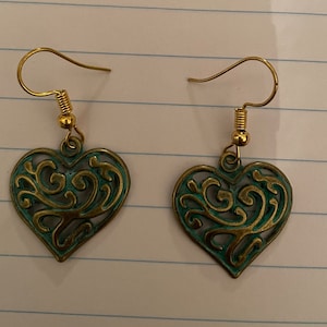 Vintage Brass Filigree Green Verdigris Patina Heart Gold French Wire Dangling Earrings