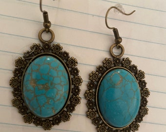 Retro bohemian Gypsy bronze filigree w/ turquoise blue cabochon French wire dangling Earrings