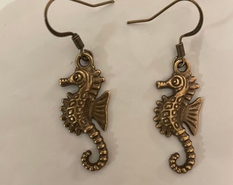 Retro Gothic Bronze Seahorse French wire Dangling Earrings