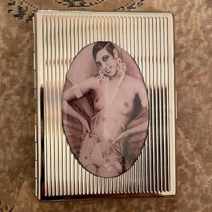 Porte-cartes de crédit professionnel argenté à 1 clip JosephIne Baker Le Pearl, portrait ovale rétro des années 1920, porte-cigarette