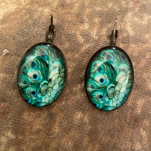 Retro Green Peacock large Oval Vintage bronze Lever back Earrings