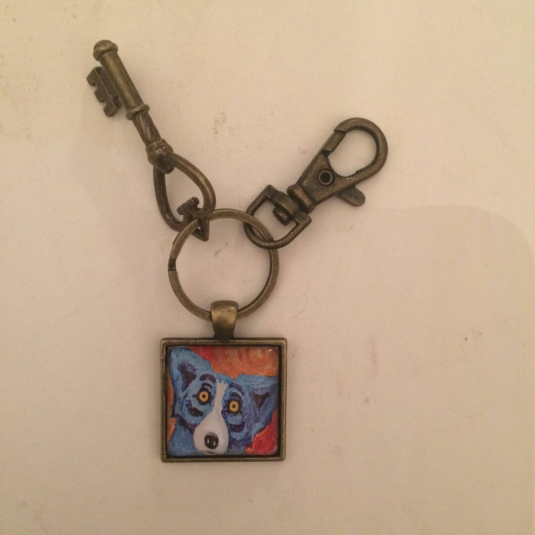 Retro Blue Pooch Small Square Keychain, Swivel Clip & Antique Key - Etsy