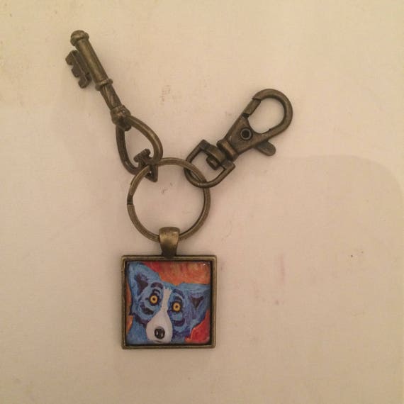 Retro Blue Pooch Small Square Keychain, Swivel Clip & Antique Key