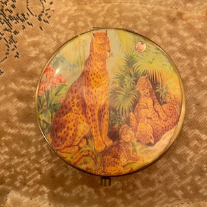 Leopard and Cubs Vintage Bronze Mirror Large Pill box W/  Vintage old-fashioned push button closure