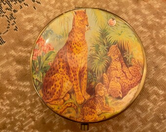 Leopard and Cubs Vintage Bronze Mirror Large Pill box W/  Vintage old-fashioned push button closure