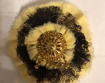 Yellow Cotton Ruffle w/ Black Lace & Vintage Gold Cabochon Brooch Pin Fascinator Hair Cilp