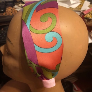 Vintage Italian Silk Print Mulberry Sage Green Turquoise Pink 2.5&quot; WIDE Headband