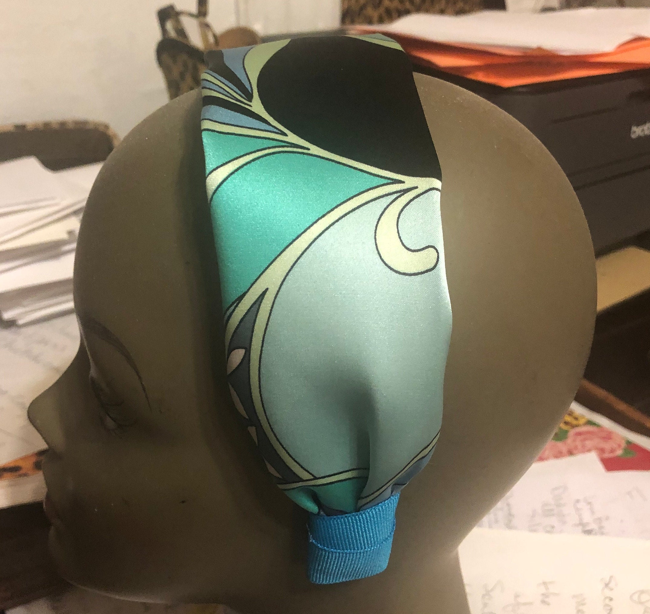 Vintage Turquoise Sky Blue Teal Black Italian Silk Charmeuse print 2.5" WIDE Headband