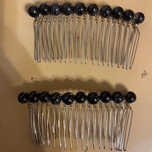 Two (2) Vintage Black Agate bead silver metal combs