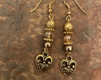 Retro Gold brass Fleur-de-lid Heart w/ topaz crystal gold bead French wire Dangling Earrings