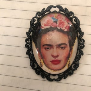 Retro Frida Pink rose Cabochon large oval Black Filigree Brooch Pin