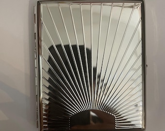 Retro Silver Art Deco Sunbeam 2-clip 100s Cigarette Wallet I.D. Case Business Credit Card Holder
