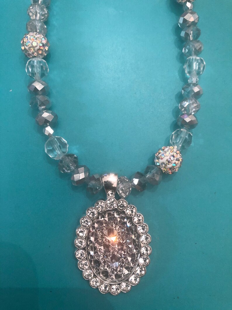 Deco Oval Crystal Pendant Gray Crystal Pave Disco Ball Bead Necklace