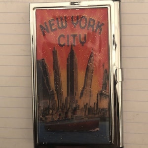 Porte-cartes de visite argenté rétro New York City Five Landmarks avec porte-cartes de visite